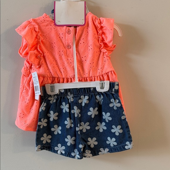 Little Lass Peach Eyelet Top and Navy Floral Shorts Set - Picture 2 of 3